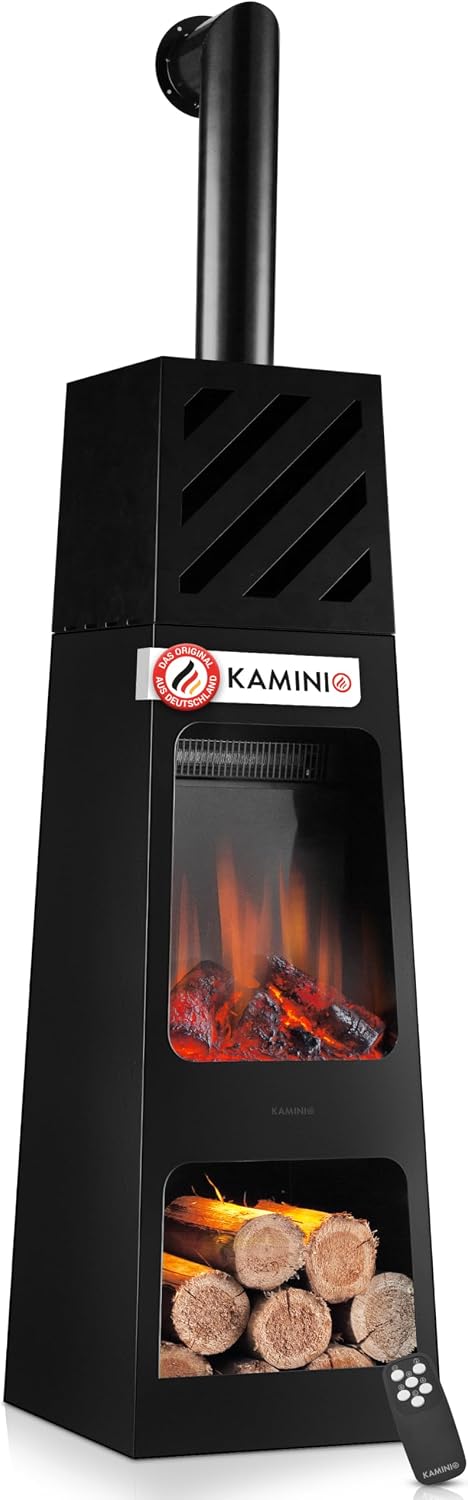 KAMINIO Elektrischer Gartenkamin Kai mit Ofenrohr - Elektrischer Terrassenofen mit Heizung, 3D-Flammeneffekt, Holzfach, LED-Ambientebeleuchtung, Fernbedienung (XL)