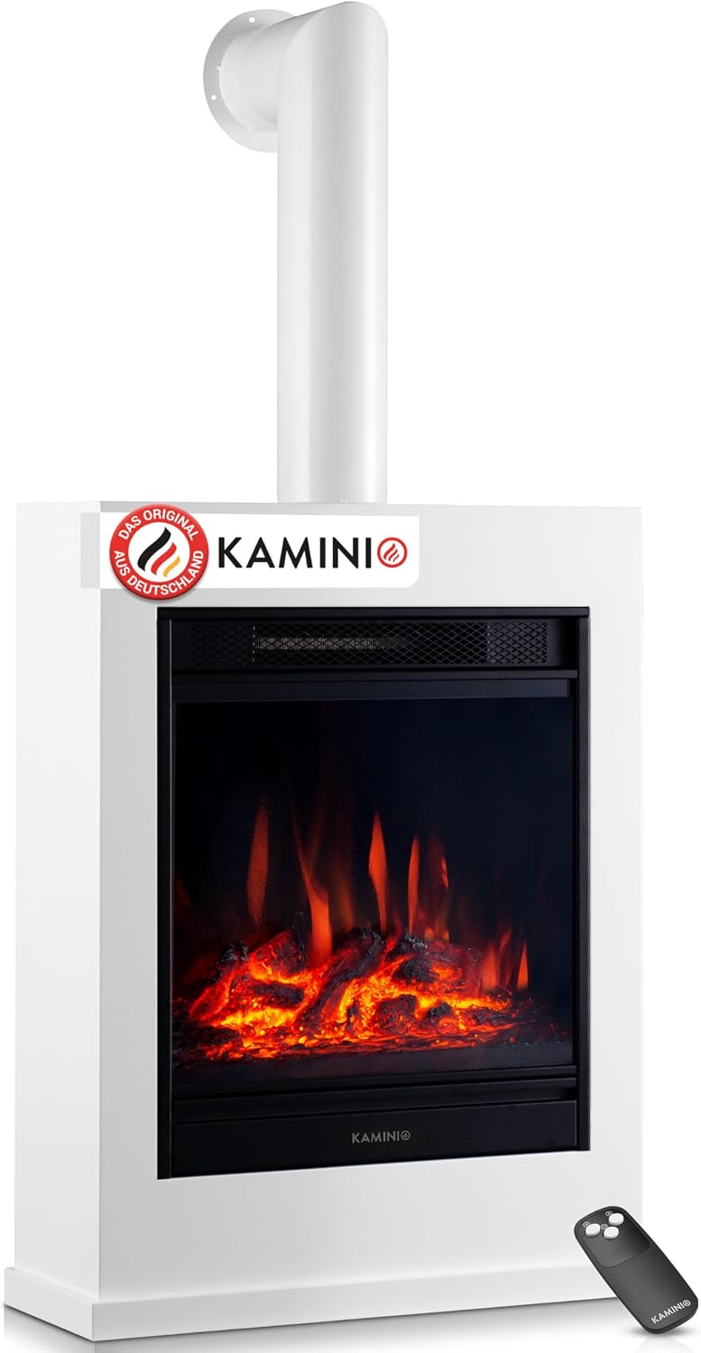 KAMINIO Kalle Elektrokamin mit Ofenrohr - Elektrischer Standkamin mit Heizung, 3D-Flammeneffekt, Fernbedienung (Weiß)