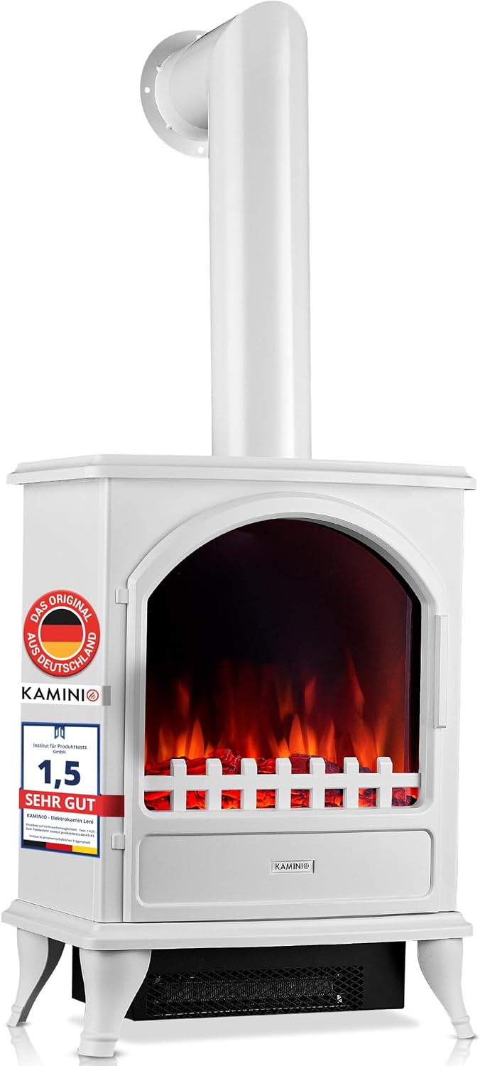 KAMINIO Leni Elektrokamin mit Ofenrohr - Elektrokamin mit Heizung, 3D-Flammeneffekt (Weiß)
