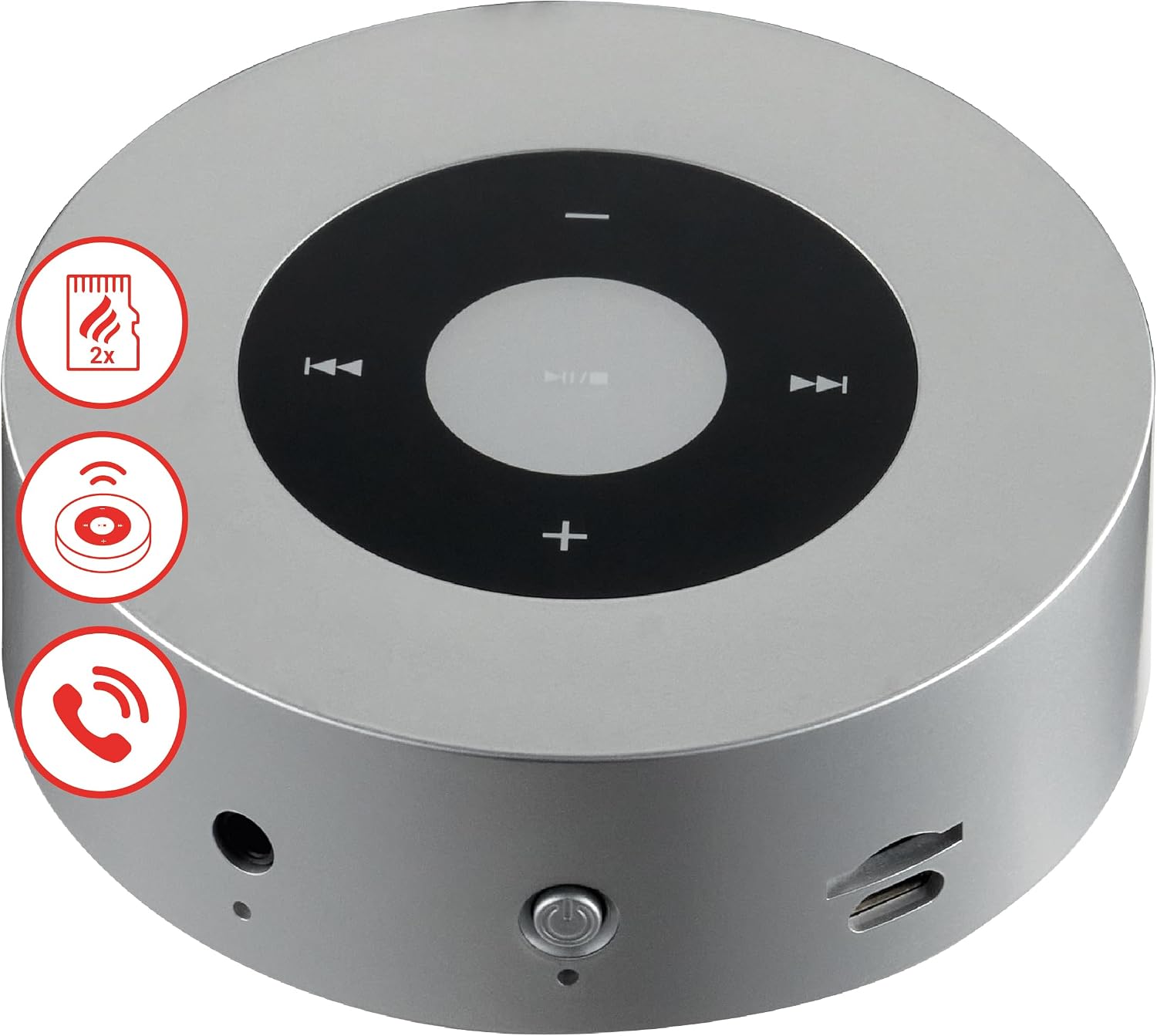 KAMINIO Knister Moritz Lautsprecher – Leistungsstarke Soundbox mit Kamingeräuschen, Bluetooth, AUX, Mikrofon, Akku – Silber