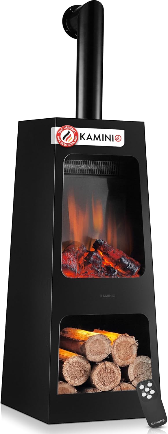 KAMINIO Elektrischer Gartenkamin Kai mit Ofenrohr - Elektrischer Terrassenofen mit Heizung, 3D-Flammeneffekt, Holzfach, LED-Ambientebeleuchtung, Fernbedienung (Groß)
