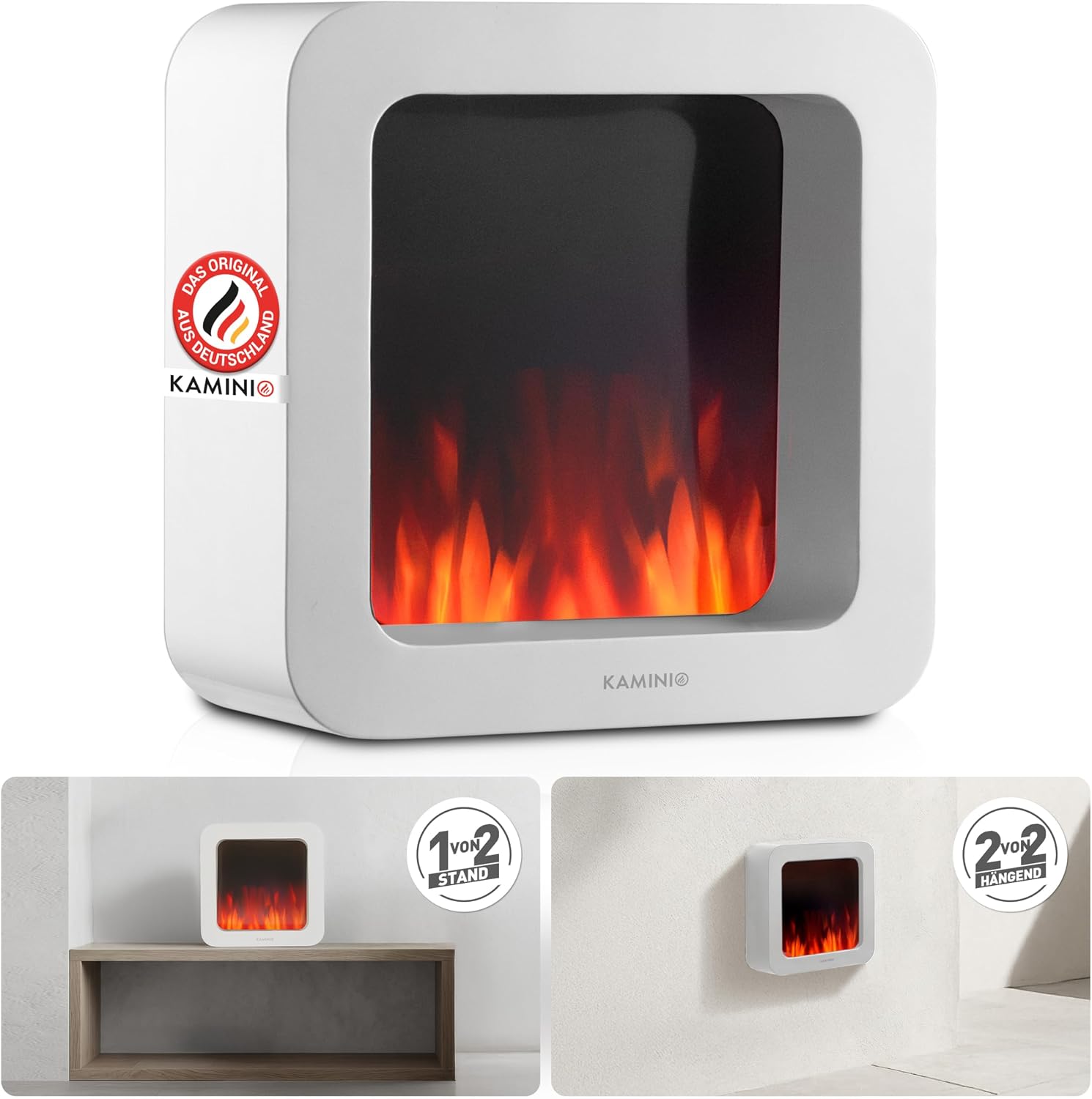 KAMINIO Mia L Elektrischer Tischkamin - Dekorativer elektrischer Tischkamin mit 3D-Flammeneffekt, langlebiger Akku für den mobilen Einsatz (Weiß, 25 cm)