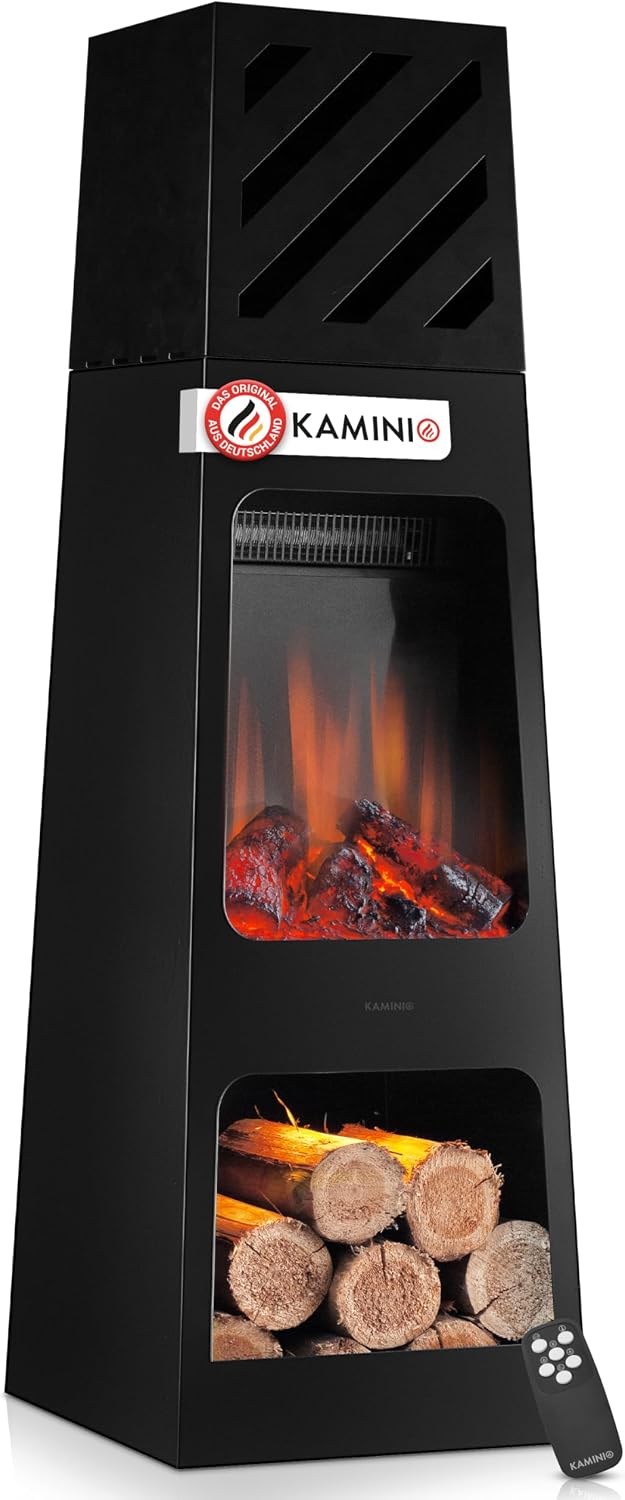 KAMINIO Kai Elektrischer Gartenkamin - Elektrischer Terrassenofen mit Heizung, 3D-Flammeneffekt, Holzfach, LED-Ambientebeleuchtung, Fernbedienung (XL)