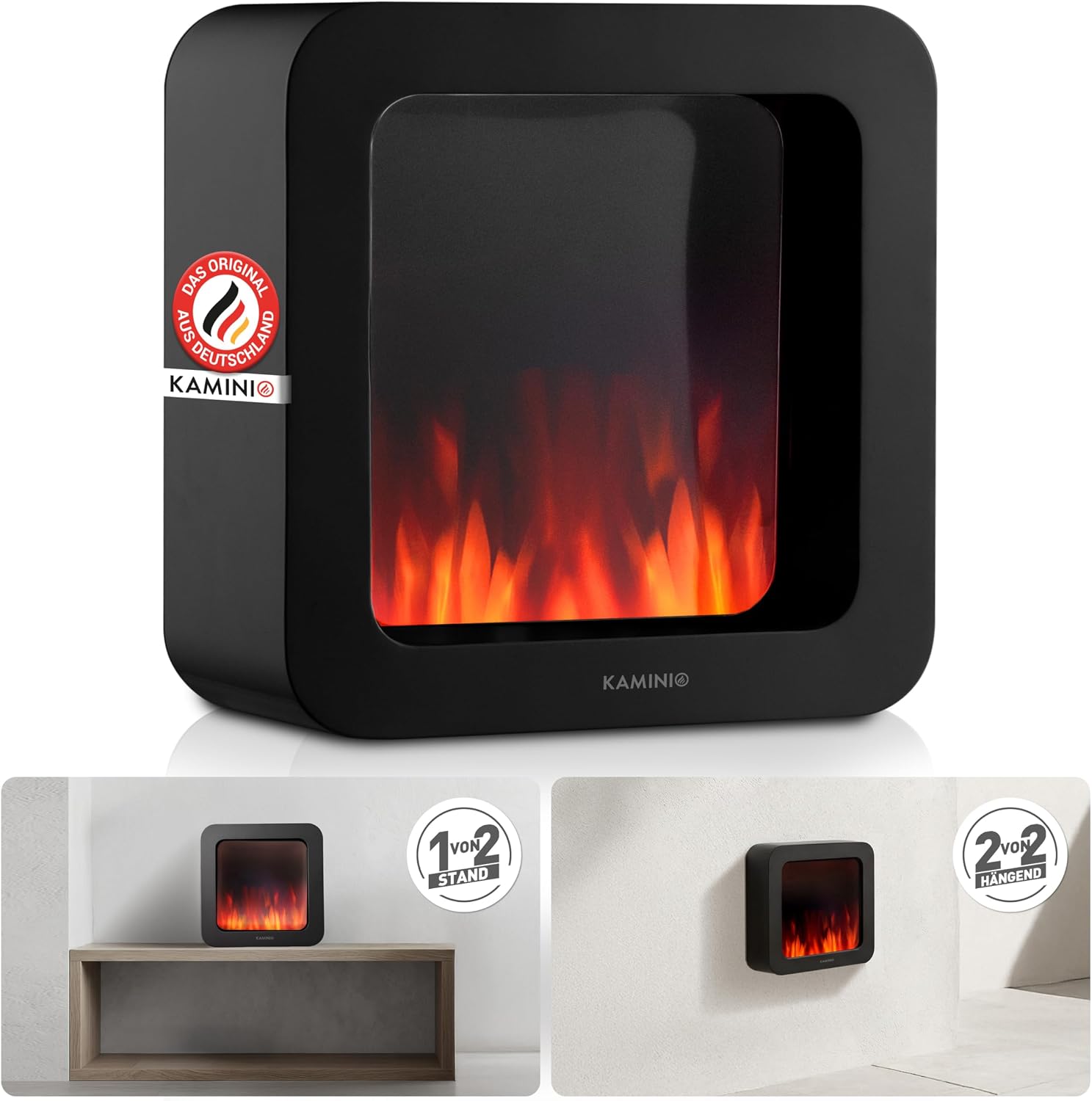 KAMINIO Mia L Elektrischer Tischkamin - Dekorativer elektrischer Tischkamin mit 3D-Flammeneffekt, langlebiger Akku für den mobilen Einsatz (Schwarz, 25 cm)