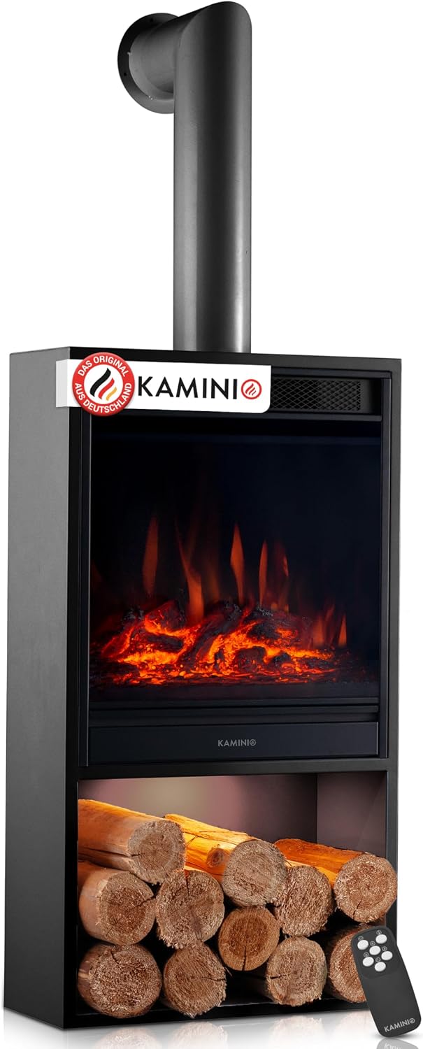 KAMINIO Hugo Elektrokamin mit Ofenrohr - Elektrokamin mit Heizung, 3D-Flammeneffekt, LED-Ambientebeleuchtung, Holzfach, Fernbedienung (Schwarz)