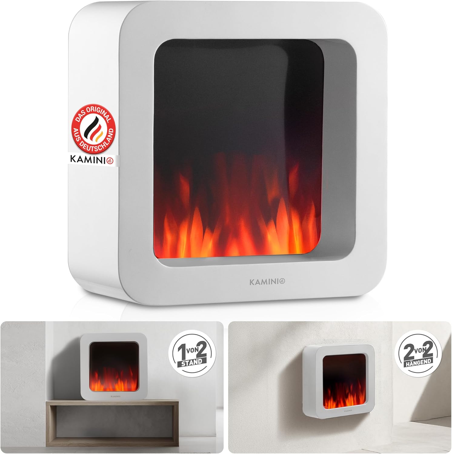 KAMINIO Mia XL Elektrischer Tischkamin - Dekorativer elektrischer Tischkamin mit 3D-Flammeneffekt, langlebiger Akku für den mobilen Einsatz (Weiß, 40 cm)