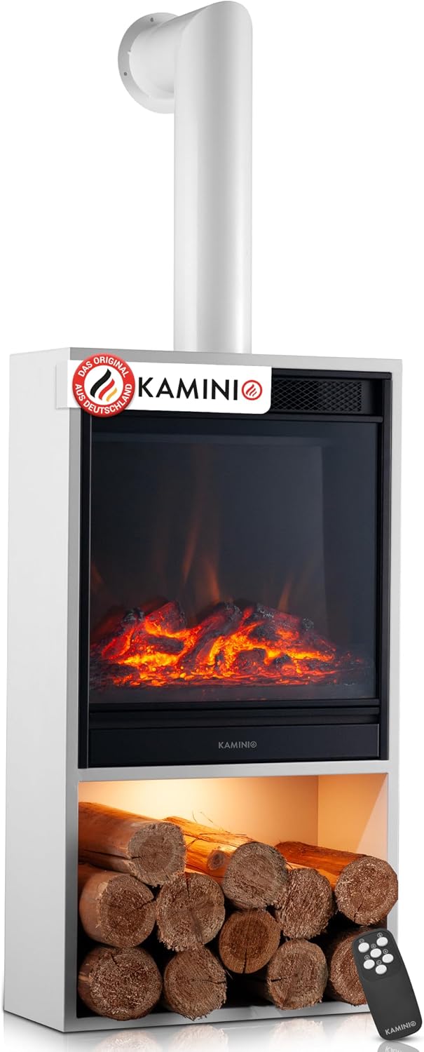 KAMINIO Hugo Elektrokamin mit Ofenrohr - Elektrokamin mit Heizung, 3D-Flammeneffekt, LED-Ambientebeleuchtung, Holzfach, Fernbedienung (Weiß)