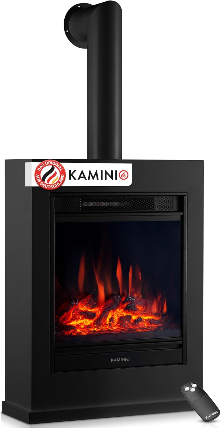 KAMINIO Kalle Elektrokamin mit Ofenrohr - Elektrischer Standkamin mit Heizung, 3D-Flammeneffekt, Fernbedienung (Schwarz)