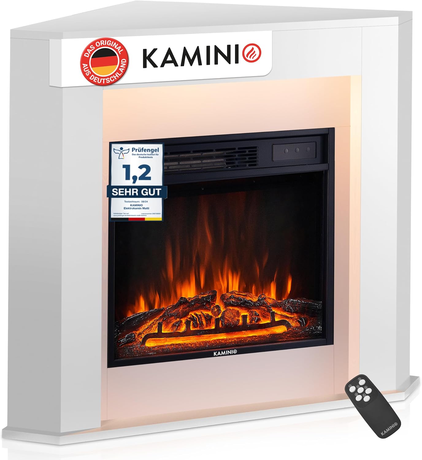 KAMINIO® Matti Eckkamin, weißer Elektrokamin mit Heizfunktion