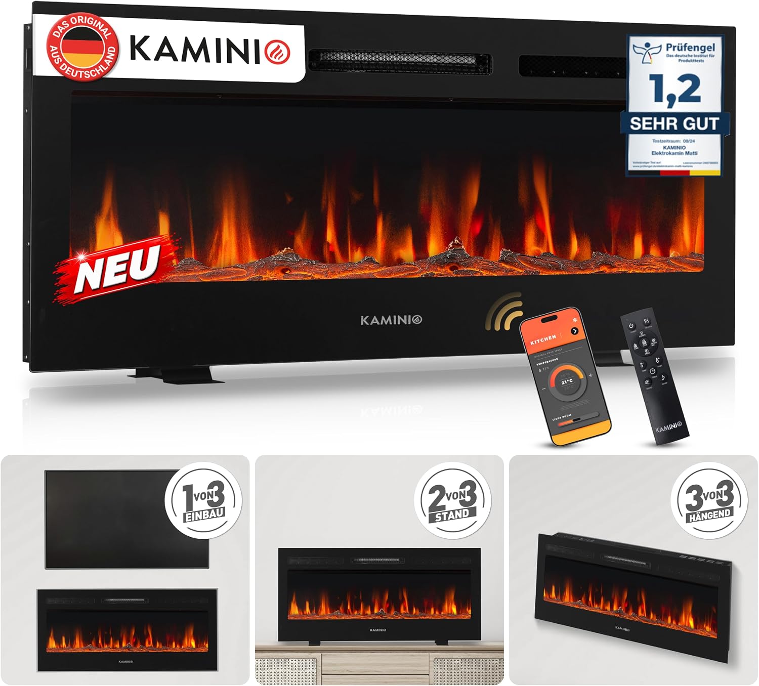 KAMINIO® Marlon Unlimited 42 Elektrokamin mit Heizung [Stand, Einbau, Wand]