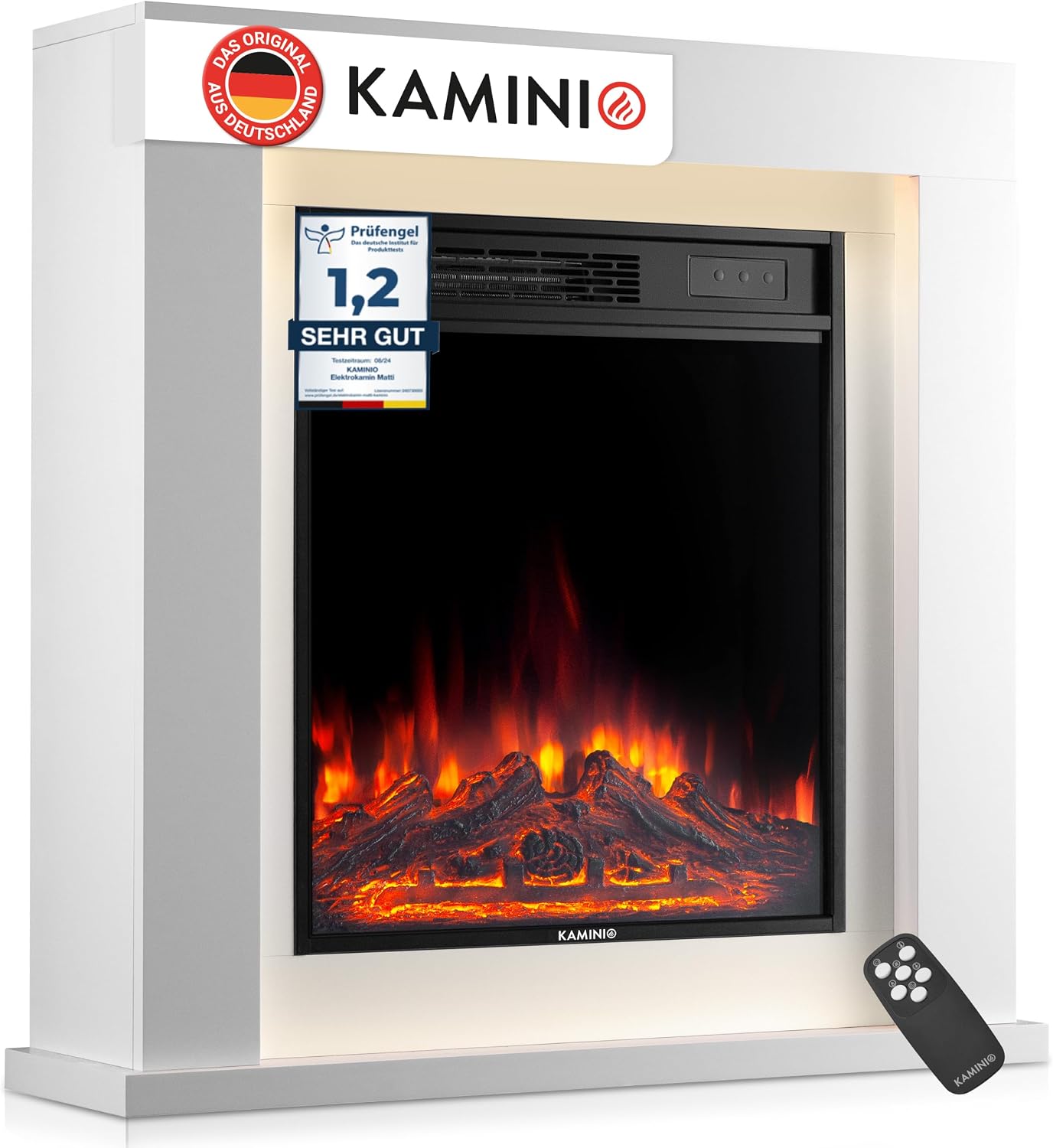 KAMINIO® Matti Modern 32 Weißer Elektrokamin mit Heizfunktion [Standkamin]