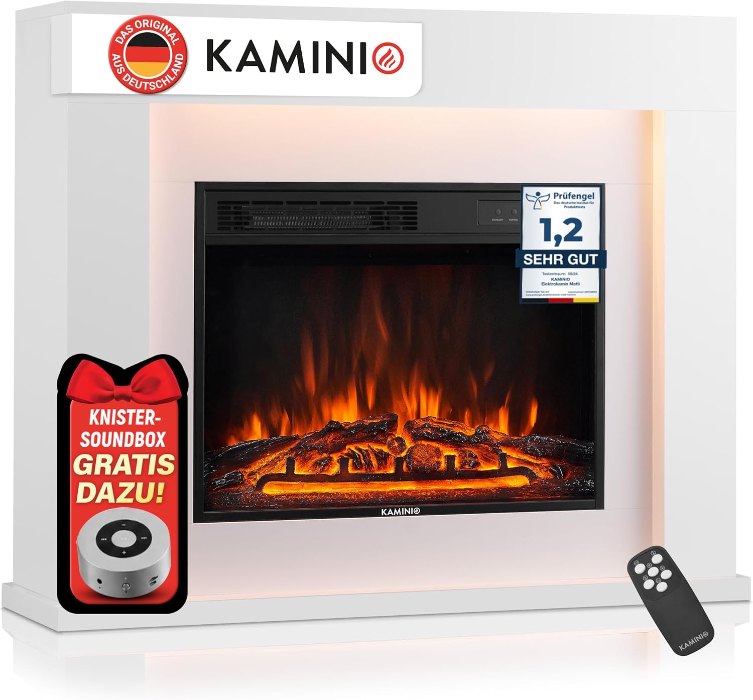 KAMINIO® Matti Modern 38 Weißer Elektrokamin mit Heizfunktion [Standkamin]