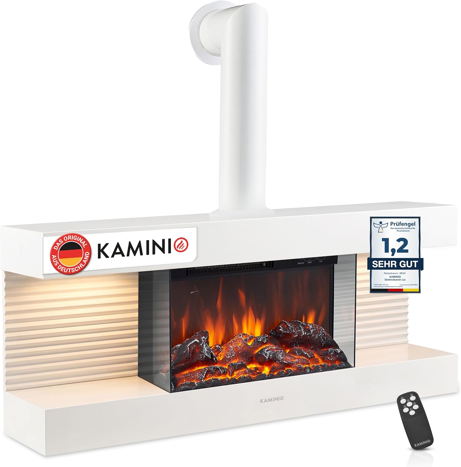 KAMINIO® Liz 110 Elektrokamin mit Heizung & Ofen-Rohr [Wandkamin Weiß]