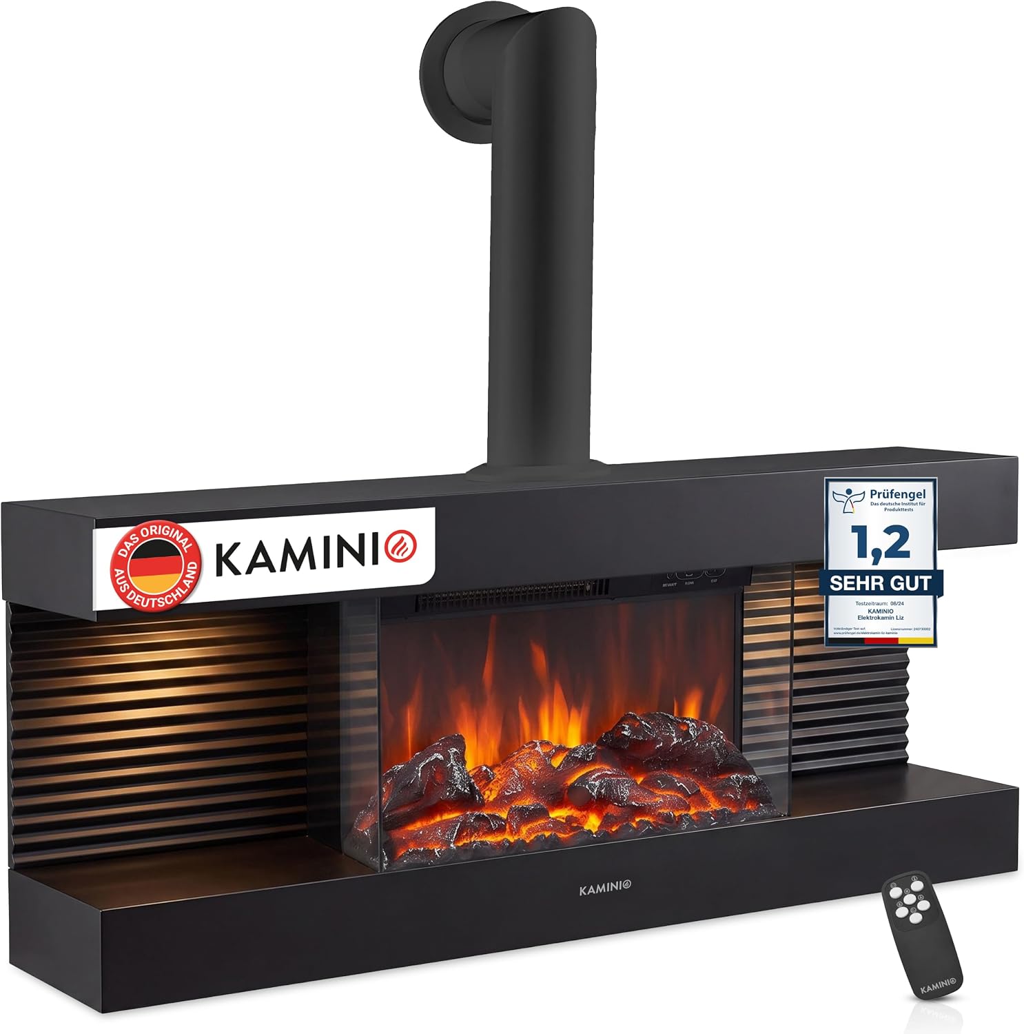 KAMINIO® Liz 110 Elektrokamin mit Heizung & Ofen-Rohr [Wandkamin Schwarz]