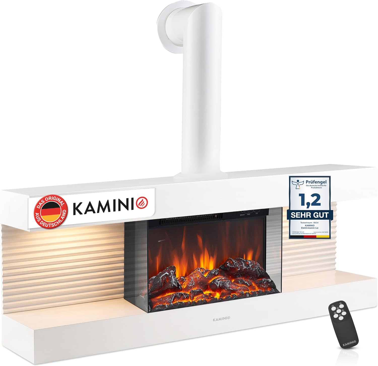 KAMINIO® Liz 130 Elektrokamin mit Heizung & Ofen-Rohr [Wandkamin Weiß]
