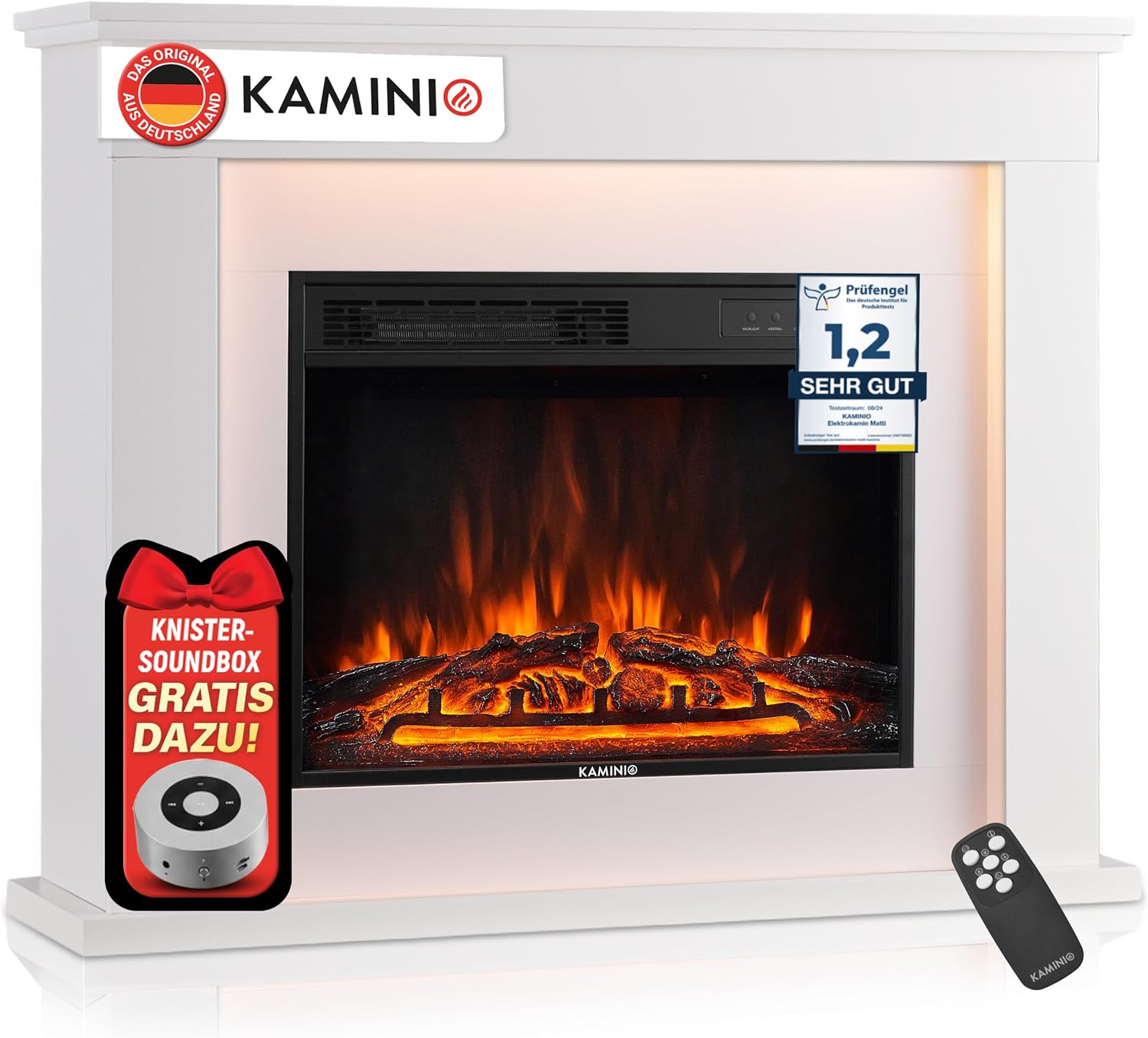 KAMINIO® Matti Classic 38 Weißer Elektrokamin mit Heizfunktion [Standkamin]